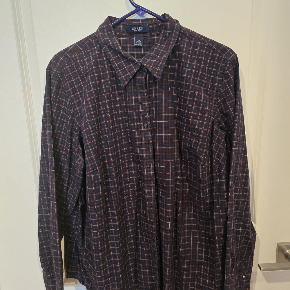 Chaps Women’s Navy and Red Plaid Button-Down Shirt